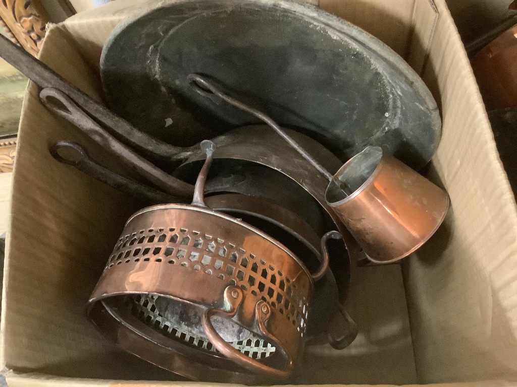 A large mixed collection of antique copper wares to include saucepans, kettles, etc.